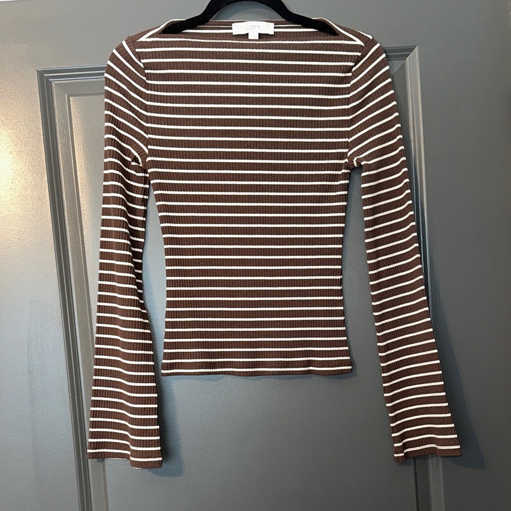 LOFT Brown and White Striped Long Sleeve Tee